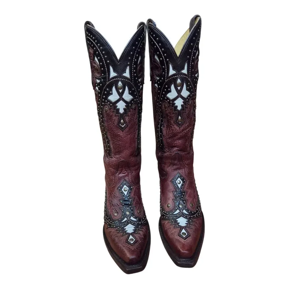 Corral Women's Cordovan Studded Overlay Cowgirl Boot Snip Toe, Sz 6.5 (fits a 7)